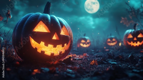 Jack Oâ€™ Lanterns Glowing At Moonlight In The Spooky Night photo