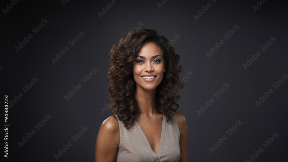 Fototapeta premium Charismatic and inspiring Black American businesswoman, a beacon of confidence and grace. Brunette hair and flawless skin complement her captivating gaze