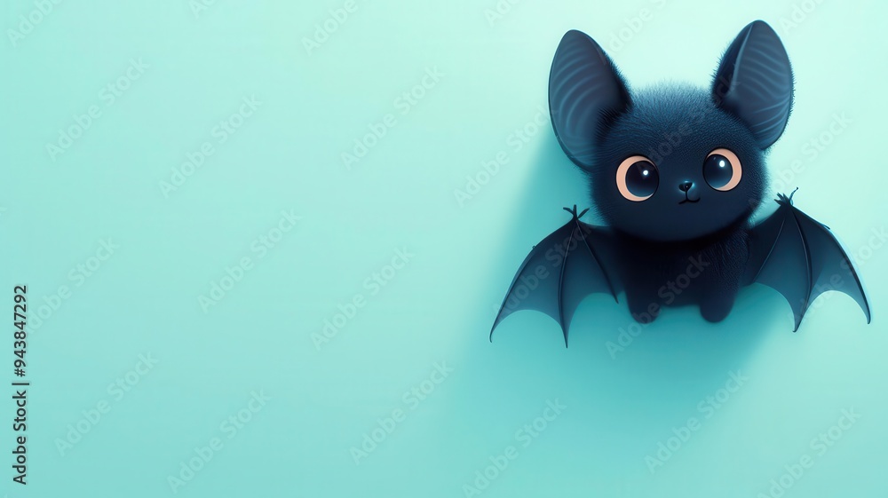 Soft baby blue background with a small kawaii bat with big eyes in the upper left corner, cute Halloween element Soft baby blue background with a small kawaii bat with big eyes in the upper left corner, cute Halloween element