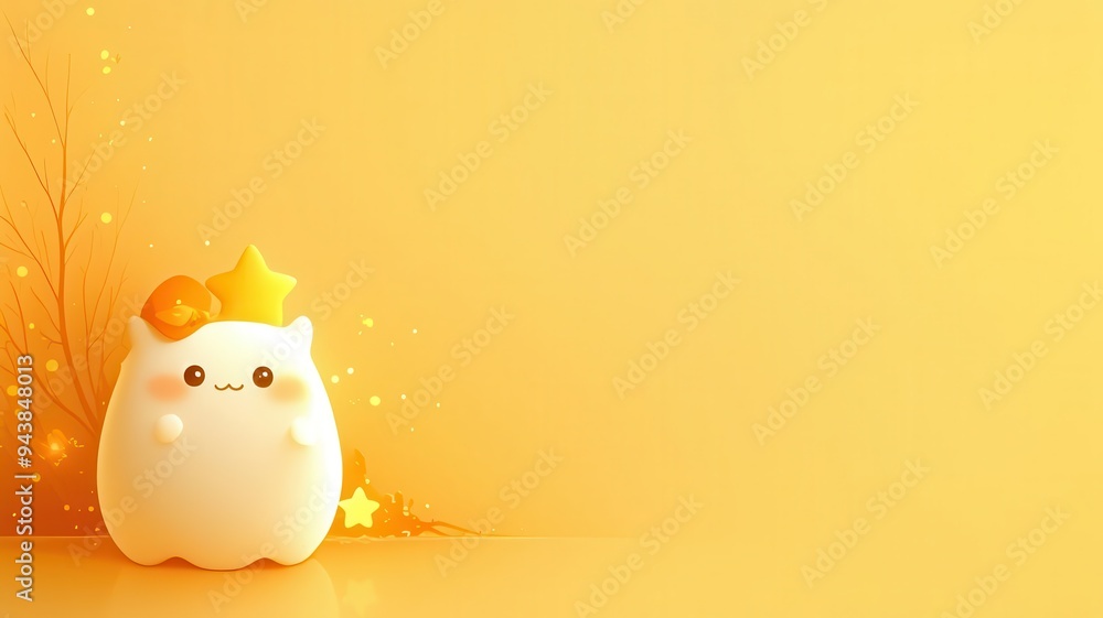 Soft yellow background with a small kawaii ghost holding a candy apple in the upper left corner, minimalist Halloween theme Soft yellow background with a small kawaii ghost holding a candy apple in the upper left corner, minimalist Halloween theme