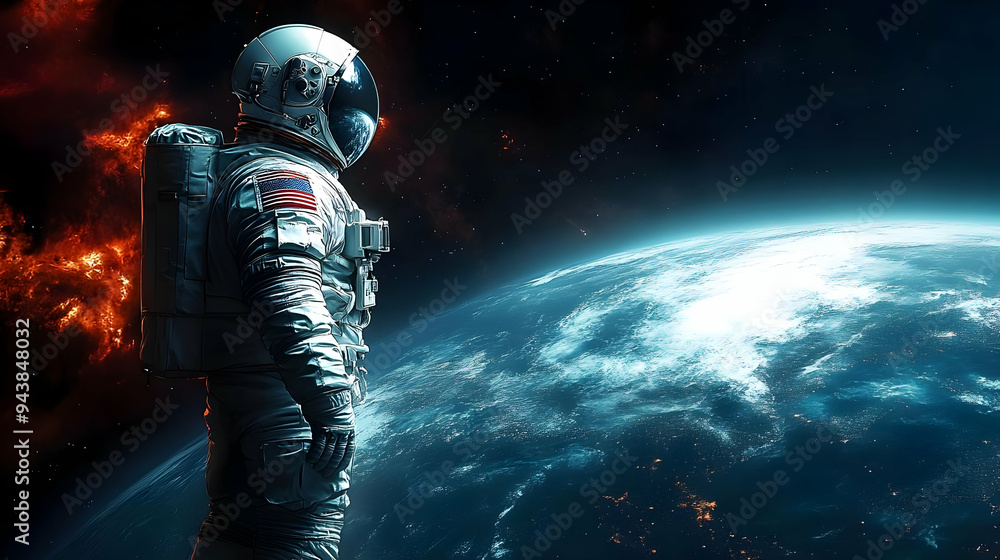 Astronaut in space suit gazing at Earth with a nebula behind. Astronaut in space suit gazing at Earth with a nebula behind.