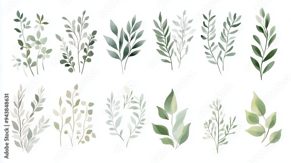 Watercolor hand-drawn illustration of various greenery elements set against a white background. The artwork features a neutral soft color palette with minimalistic design elements, including simple sh Watercolor hand-drawn illustration of various greenery elements set against a white background. The artwork features a neutral soft color palette with minimalistic design elements, including simple sh