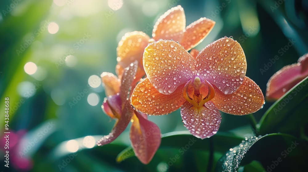 Close-up of an exotic orchid in vibrant bloom, nestled among lush tropical foliage with dewdrops glistening on the petals. Close-up of an exotic orchid in vibrant bloom, nestled among lush tropical foliage with dewdrops glistening on the petals.
