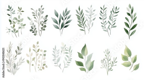 Watercolor hand-drawn illustration of various greenery elements set against a white background. The artwork features a neutral soft color palette with minimalistic design elements, including simple sh