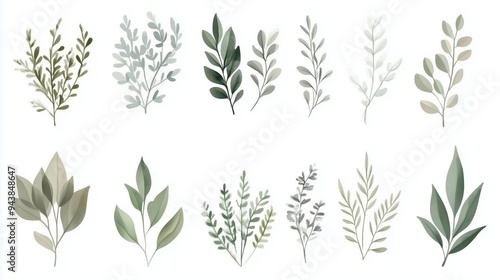 Watercolor hand-drawn illustration of various greenery elements set against a white background. The artwork features a neutral soft color palette with minimalistic design elements, including simple sh