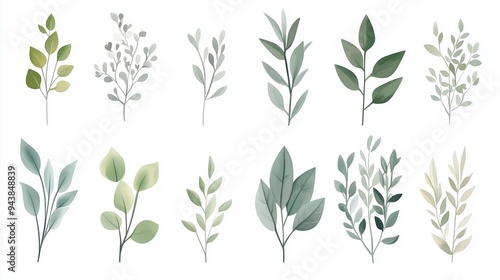 Watercolor hand-drawn illustration of various greenery elements set against a white background. The artwork features a neutral soft color palette with minimalistic design elements, including simple sh