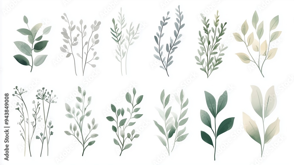 Fototapeta premium Watercolor hand-drawn illustration of various greenery elements set against a white background. The artwork features a neutral soft color palette with minimalistic design elements, including simple sh