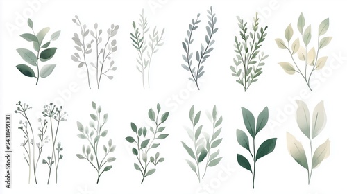 Watercolor hand-drawn illustration of various greenery elements set against a white background. The artwork features a neutral soft color palette with minimalistic design elements, including simple sh