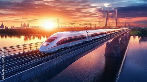 A high-speed train crossing a modern bridge, with the sun setting behind it, highlighting the engineering marvels of today railways.