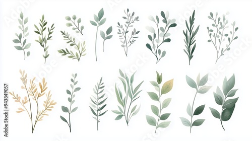 Watercolor hand-drawn illustration of various greenery elements set against a white background. The artwork features a neutral soft color palette with minimalistic design elements, including simple sh
