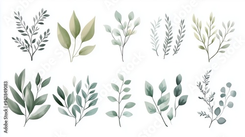 Watercolor hand-drawn illustration of various greenery elements set against a white background. The artwork features a neutral soft color palette with minimalistic design elements, including simple sh