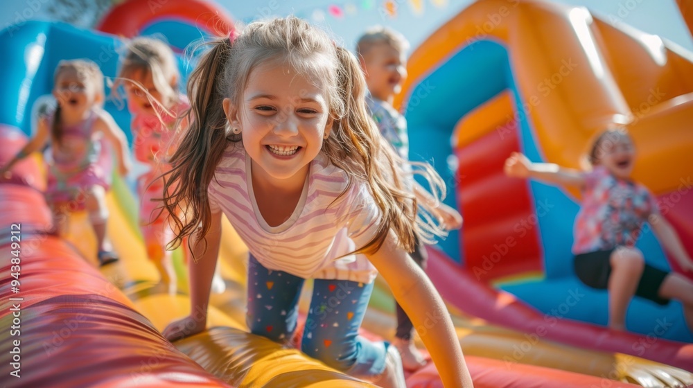 A group of children are playing on a bouncy castle A group of children are playing on a bouncy castle