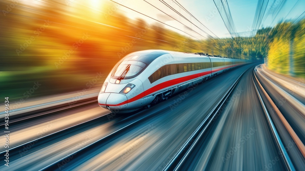 A high-speed train racing along modern tracks, with the landscape blurred by its speed, showcasing the cutting-edge technology of railway systems. A high-speed train racing along modern tracks, with the landscape blurred by its speed, showcasing the cutting-edge technology of railway systems.