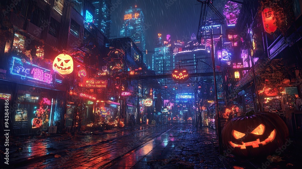 Fototapeta premium A cyberpunk cityscape filled with holographic Halloween decorations and eerie lights.