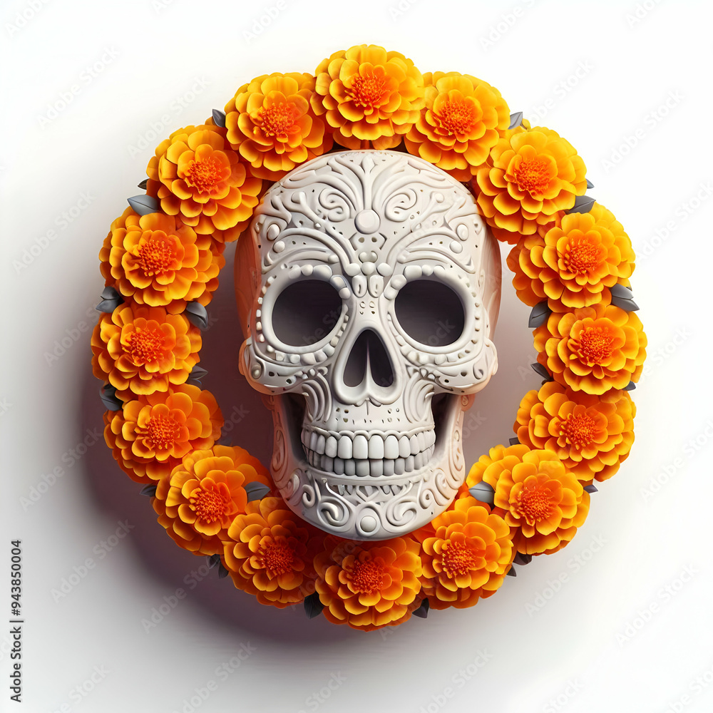 3D Skull and Marigold Wreath Isolated Vector concept as A vector illustration of a skull encircled by a marigold wreath both isolated on a white background. The design captures the spiritual and decor 3D Skull and Marigold Wreath Isolated Vector concept as A vector illustration of a skull encircled by a marigold wreath both isolated on a white background. The design captures the spiritual and decor