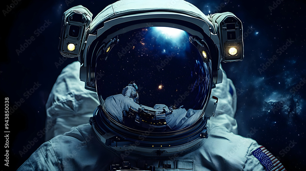 Astronaut in space suit with a reflection of the starry sky in the visor. Astronaut in space suit with a reflection of the starry sky in the visor.
