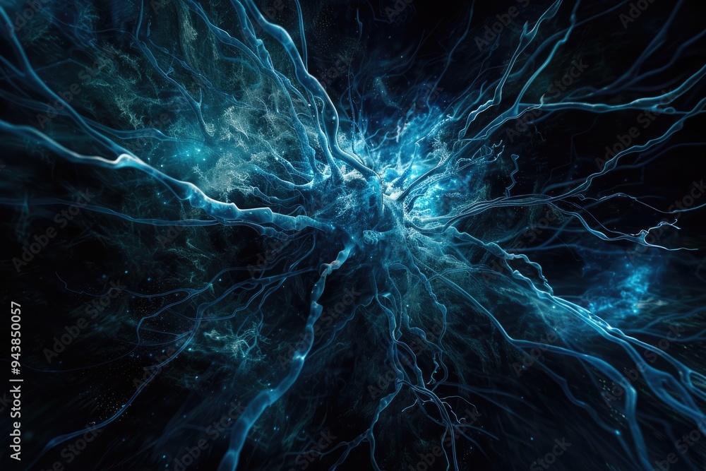 Abstract image of exploding neuron structure in blue hues. Abstract image of exploding neuron structure in blue hues.