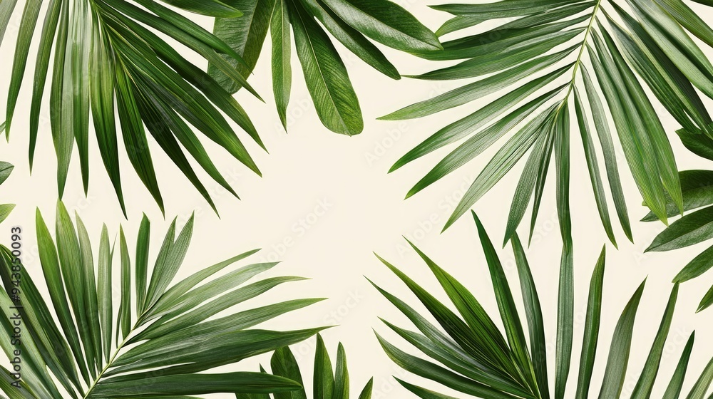 A seamless pattern of tropical palm leaves in green on a light background, evoking a fresh and exotic atmosphere. A seamless pattern of tropical palm leaves in green on a light background, evoking a fresh and exotic atmosphere.