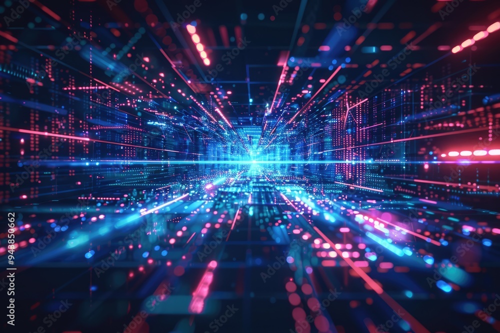 Obraz premium Futuristic geometric background with neon HUD elements for big data visualization.