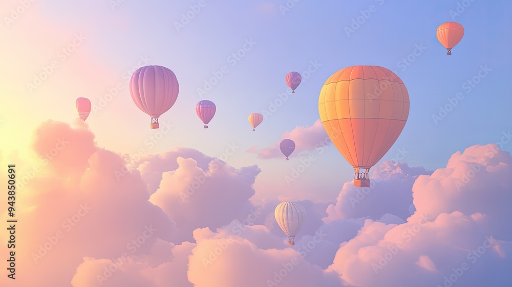 Obraz premium A sky filled with colorful hot air balloons floating gently above the horizon, creating a cheerful and uplifting scene.