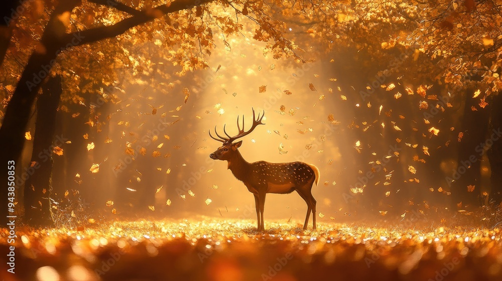 A lone deer standing in the middle of an autumnal forest, surrounded by falling leaves and golden light, looking wistfully into the distance. A lone deer standing in the middle of an autumnal forest, surrounded by falling leaves and golden light, looking wistfully into the distance.