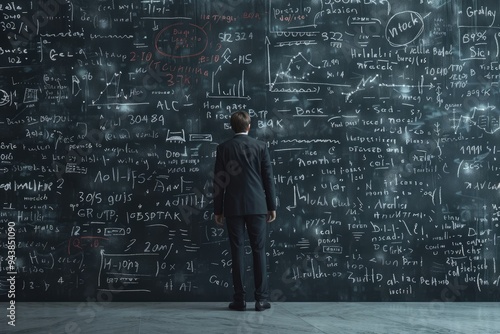 Business person standing against the blackboard with a lot of data written on it