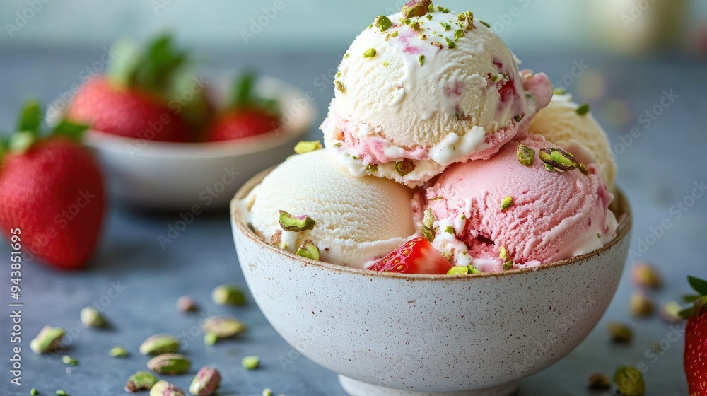 A stack of ice cream scoops in a bowl, with flavors like strawberry, vanilla, and pistachio, surrounded by fresh ingredients. A stack of ice cream scoops in a bowl, with flavors like strawberry, vanilla, and pistachio, surrounded by fresh ingredients.