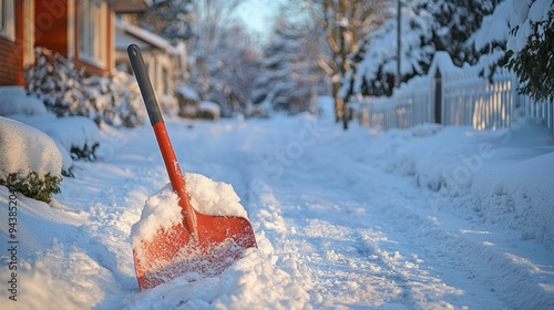 Red Snow Shovel in Winter Driveway with Freshly Fallen Snow