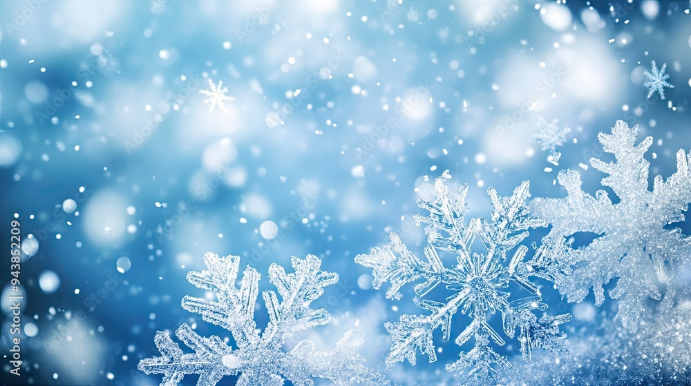 Elegant snowflakes gently falling on a blue winter background, creating a peaceful, festive atmosphere. Ideal for Christmas wallpaper with copy-space. Elegant snowflakes gently falling on a blue winter background, creating a peaceful, festive atmosphere. Ideal for Christmas wallpaper with copy-space.