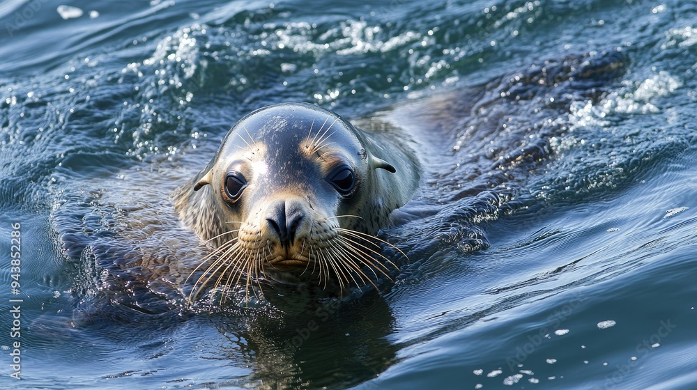 Obraz premium A lone sea lion swimming near the shore, its body moving gracefully through the water