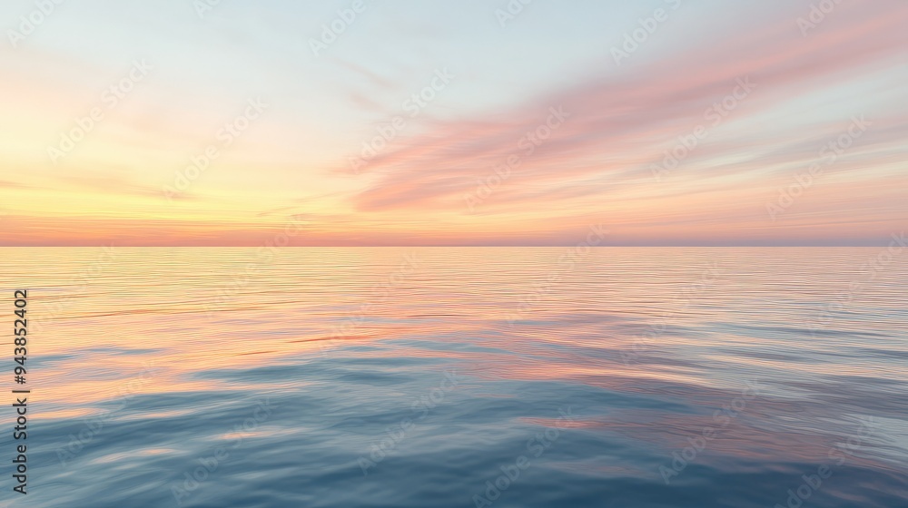 Obraz premium A tranquil sky at twilight with shades of orange and pink, the last light of day reflecting on a calm sea.