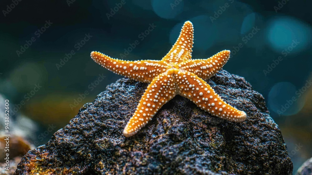 A lone starfish lying on a rock, its arms spread out in a perfect star shape A lone starfish lying on a rock, its arms spread out in a perfect star shape