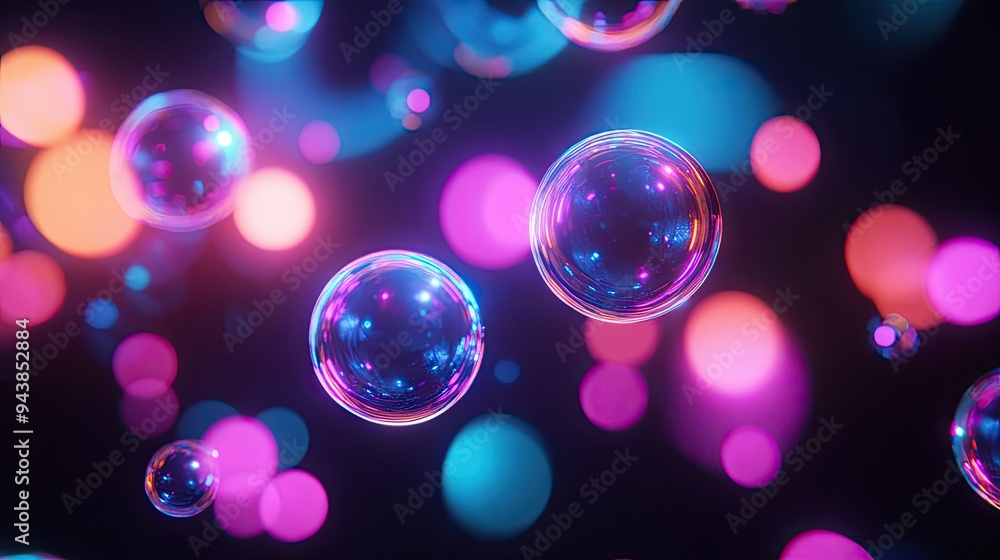 Floating neon bubbles with vibrant colors, set against a dark background, ideal for creating a futuristic and abstract mood. Floating neon bubbles with vibrant colors, set against a dark background, ideal for creating a futuristic and abstract mood.