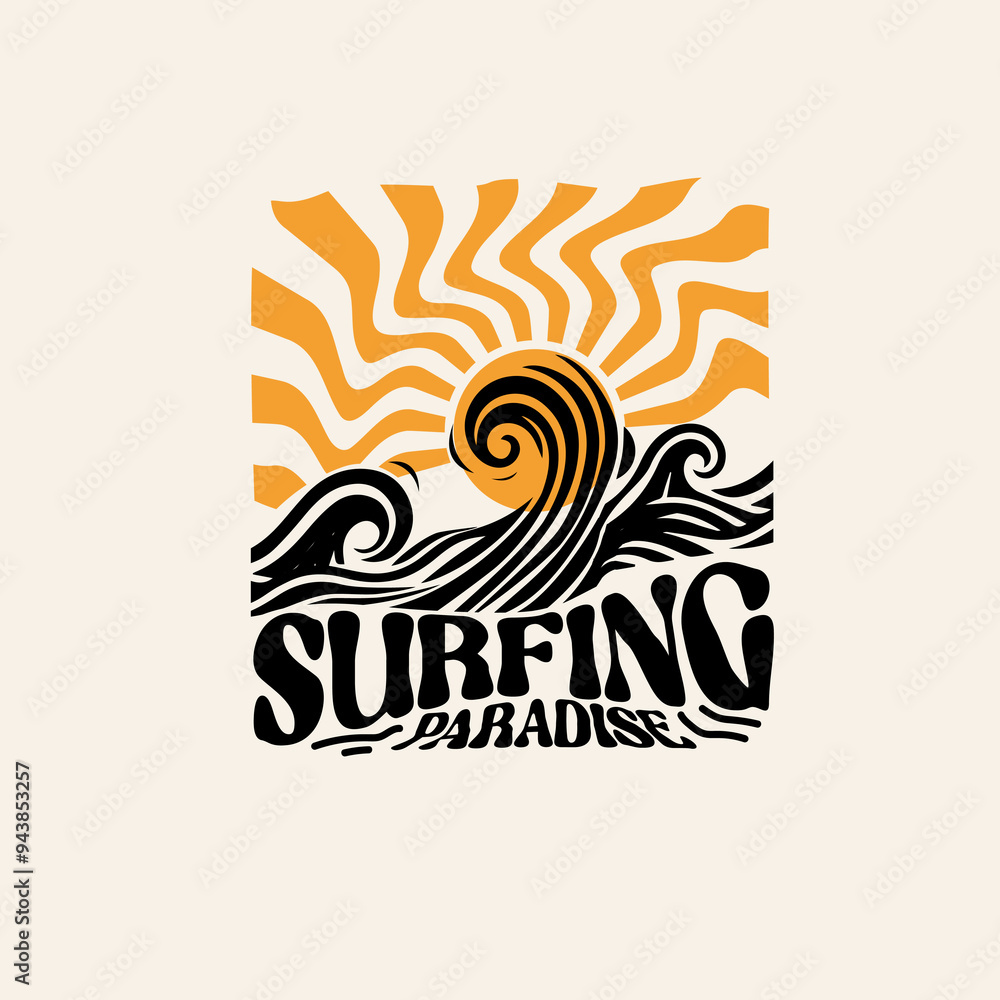 Obraz premium Surfing paradise sunshine waves typography retro graphic t shirt design