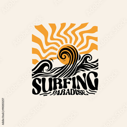 Surfing paradise sunshine waves typography retro graphic t shirt design