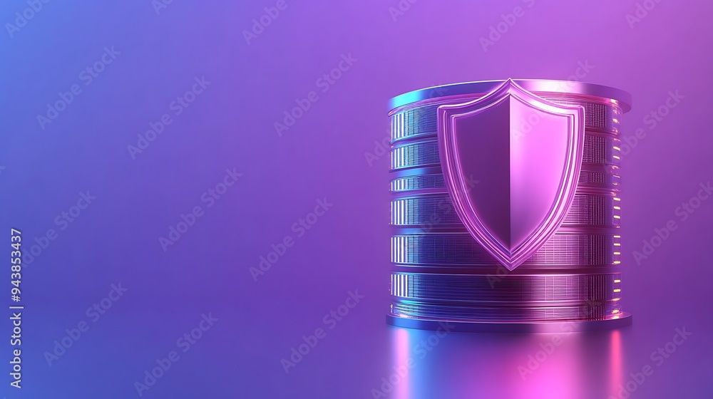 Futuristic database security concept with a metallic shield on a server in a vibrant, colorful background. Futuristic database security concept with a metallic shield on a server in a vibrant, colorful background.