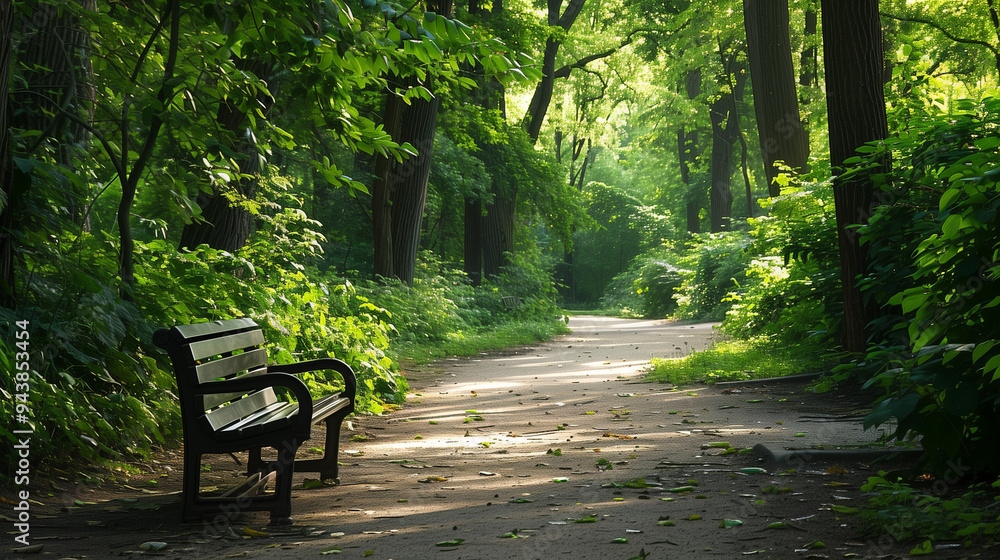 A park bench sits in the shade of a tree. The bench is empty and the path is empty. The park is a peaceful place to relax and enjoy nature A park bench sits in the shade of a tree. The bench is empty and the path is empty. The park is a peaceful place to relax and enjoy nature