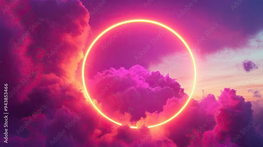 Fluorescent pink and yellow lights accentuate a mysterious cloud formation, highlighted by a glowing circular neon frame. Fluorescent pink and yellow lights accentuate a mysterious cloud formation, highlighted by a glowing circular neon frame.
