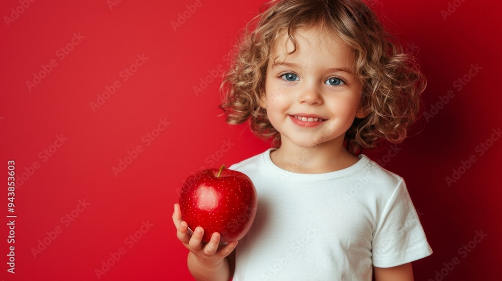 Portrait of smiling cherubic blue-eyed little girl with short curly fair hair wearing white T-shirt, holding red apple, standing on red background. Studio. Healthy food, vitamins, childhood, summer. Portrait of smiling cherubic blue-eyed little girl with short curly fair hair wearing white T-shirt, holding red apple, standing on red background. Studio. Healthy food, vitamins, childhood, summer.