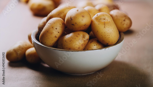 Bowl of raw potatoes. Fresh and tasty harvest. Farm product. Delicious and ripe vegetable.