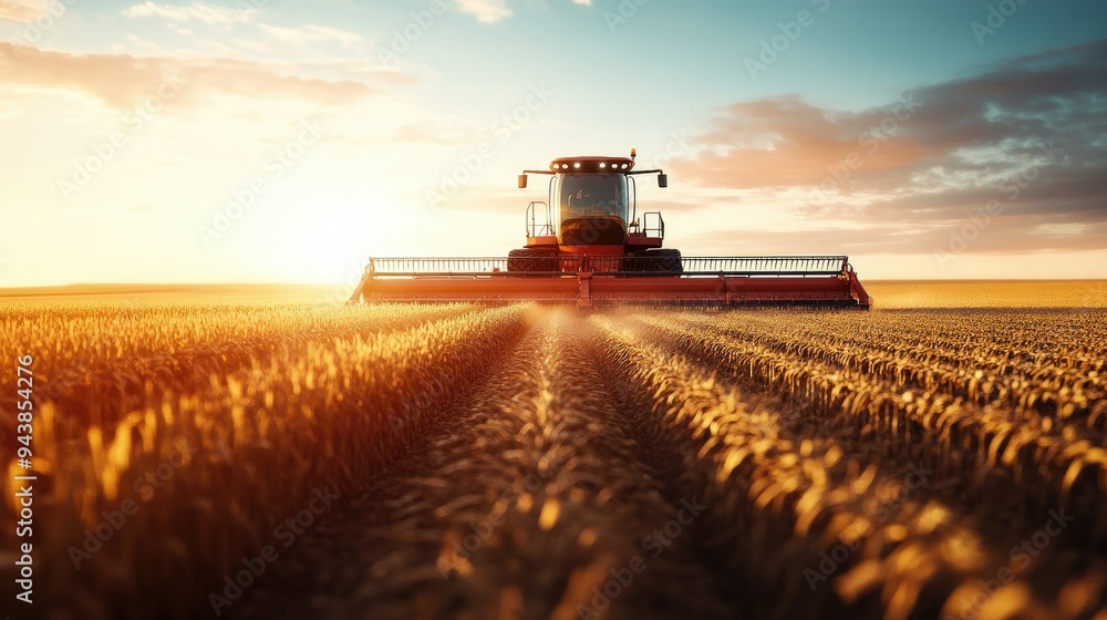 Fototapeta premium A robotic harvester working in a field, collecting crops with precision and efficiency under the bright sun.