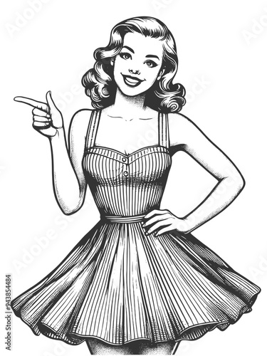 cheerful woman with curled hair smiling and pointing her finger in playful manner sketch engraving generative ai fictional character vector illustration. Black and white image