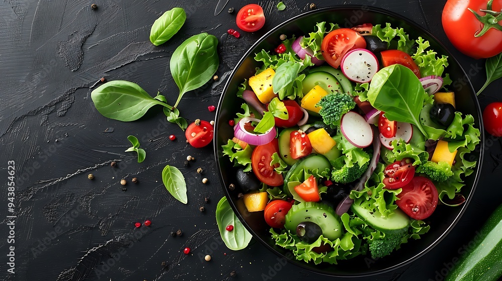 Top-down view of a salad with traditional vegetables and exotic fruits like mango and papaya, on a dark wooden table, emphasizing the vivid colors and freshness, Top-down view of a salad with traditional vegetables and exotic fruits like mango and papaya, on a dark wooden table, emphasizing the vivid colors and freshness,