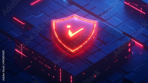 Futuristic digital security concept with glowing red shield and checkmark representing cybersecurity and data protection. photo