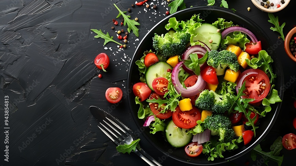 Top-down view of a salad with traditional vegetables and exotic fruits like mango and papaya, on a dark wooden table, emphasizing the vivid colors and freshness, Top-down view of a salad with traditional vegetables and exotic fruits like mango and papaya, on a dark wooden table, emphasizing the vivid colors and freshness,
