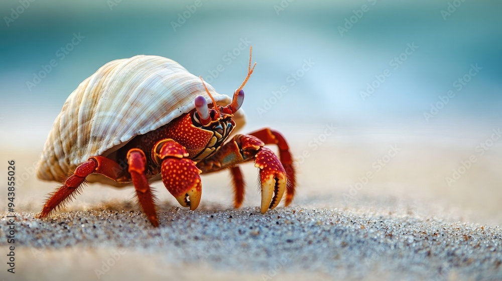 A single hermit crab walking along a sandy beach, carrying its shell on its back A single hermit crab walking along a sandy beach, carrying its shell on its back