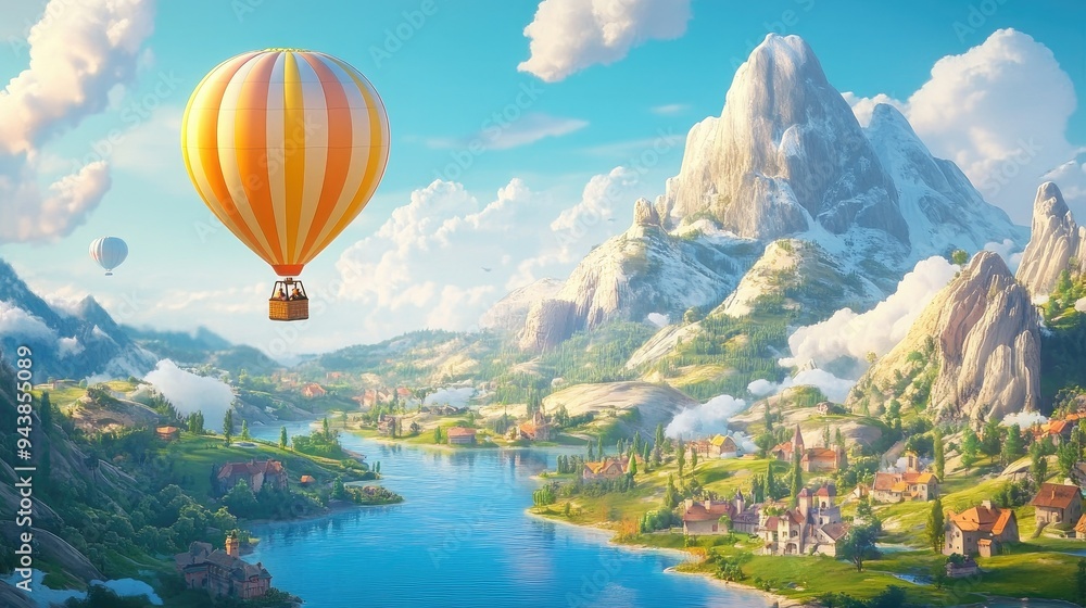 Fototapeta premium Hot air balloon drifting calmly over a picturesque landscape, with vibrant colors and a clear sky. The scene evokes a sense of tranquility and exploration.