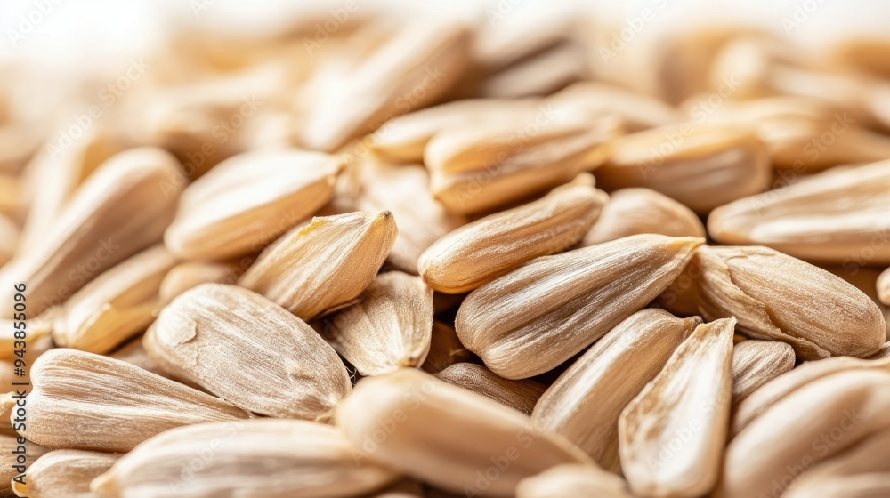 Hulled sunflower seeds in a close-up view, isolated on white, showcasing their natural and wholesome appearance. Hulled sunflower seeds in a close-up view, isolated on white, showcasing their natural and wholesome appearance.