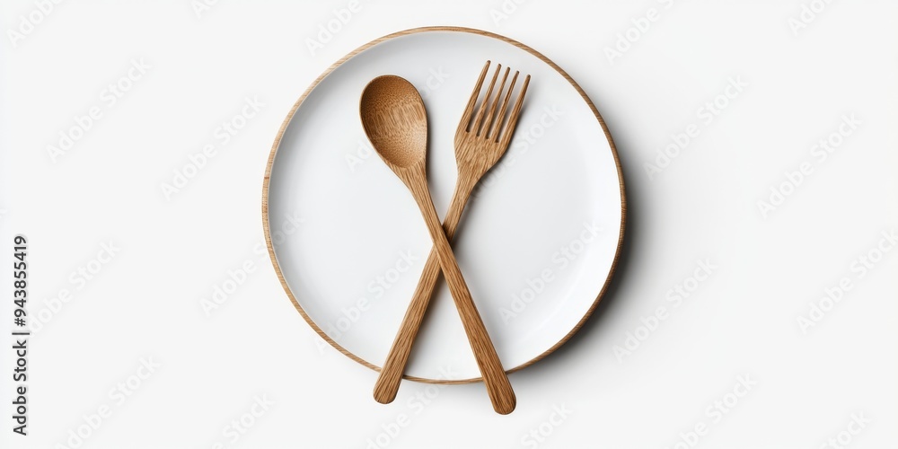 A 3D simple style icon of a wooden spoon and fork crossed over a ceramic plate set on a white background representing dining and kitchenware. A 3D simple style icon of a wooden spoon and fork crossed over a ceramic plate set on a white background representing dining and kitchenware.