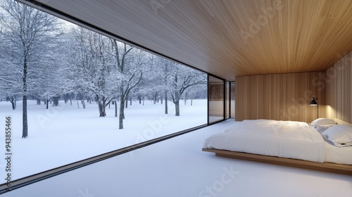 The serene bedroom features white bedding and a window displaying a snowy tree, encapsulating a tranquil winter atmosphere with light gray tones